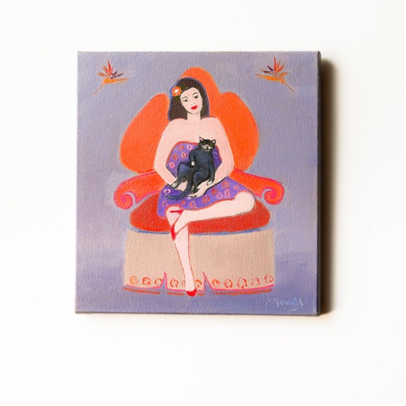 Oil painting, "Fauteuil corail". (Coral armchair)  12"x12" - Picture 2 of 6